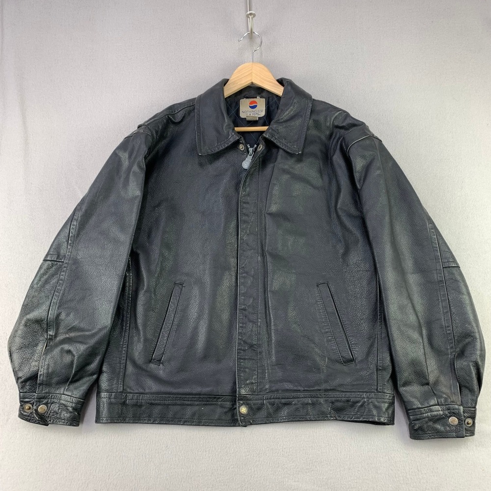 Vintage Pepsi Leather Bomber Jacket Mens Large Black 90s Workwear Biker Promo